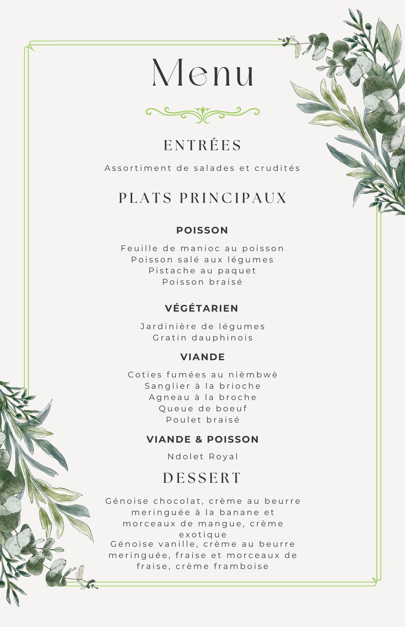Menu pour un mariage